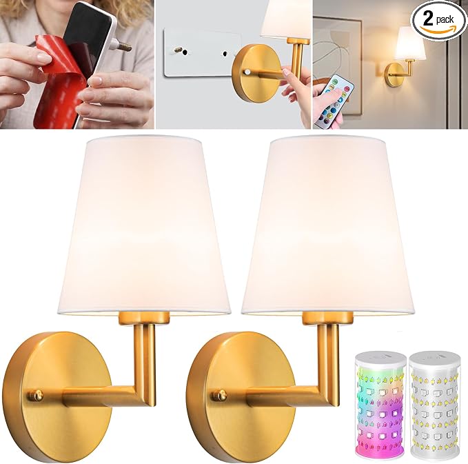 Vimhou Peel and Stick Wall Sconces, Stick On Wall Sconce Set of 2, Battery Operated Wireless Wall Light, No Drill Adhesive Wall Lamp, Corn Bulb with 10000mAh Rechargeable Battery, Bedroom Wall Decor