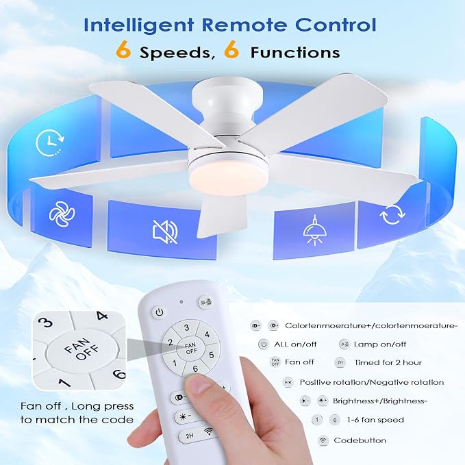 41 inch Ceiling Fans with Lights, White Flush Mount Ceiling Fan with Remote, 3CCT, LED Dimmable, Reversible, 6 Fan Speeds, Quite Low Profile Ceiling Fan with Lights Modern Bedroom Kitchen Indoor