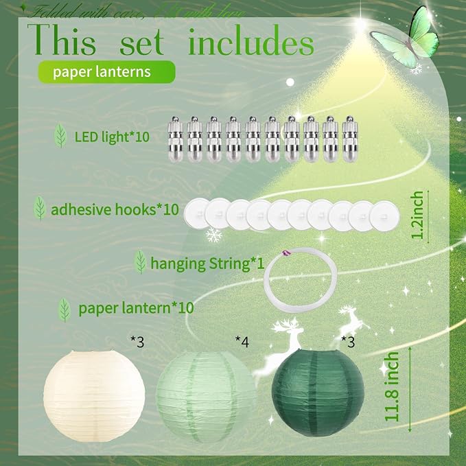 Boho Chinese Paper Lanterns LED Lights, 10-Pack 12inch | Hanging Lights in Cream, Sage & Forest Green for Garden Party, Boho Wedding, Birthday Decorations & Home Party