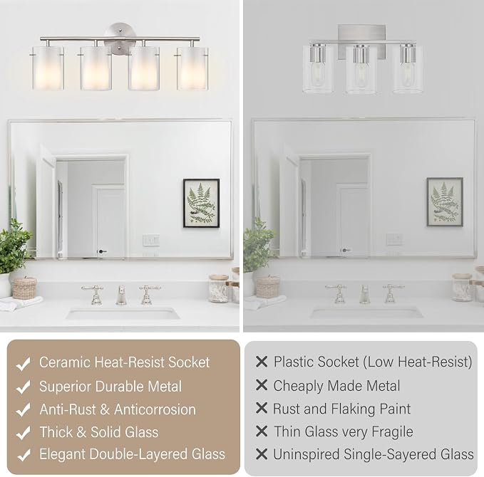 Brushed Nickel Bathroom Light Fixtures Over Mirror, 4-Light 26-Inch Vanity Lights with Dual Glass Shades, Eye-Friendly Modern Vanity Lights for Bathroom Bedroom Living Room Hallway