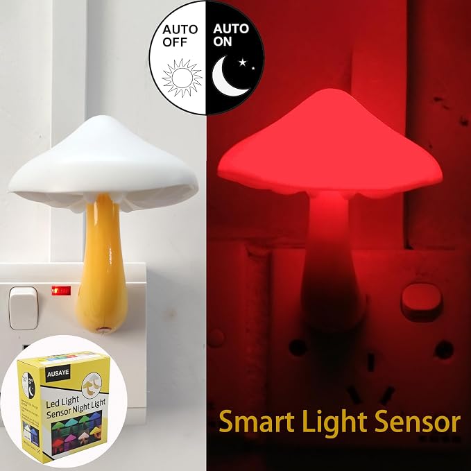 AUSAYE Light Sensor Led Mushroom Night Light Plug in Nightlight Red | Kids Adults, Night Lights Plug-into Wall Lamp for Bedroom,Bathroom,Toilet,Stairs,Kitchen,Hallway Christmas Birthday Present