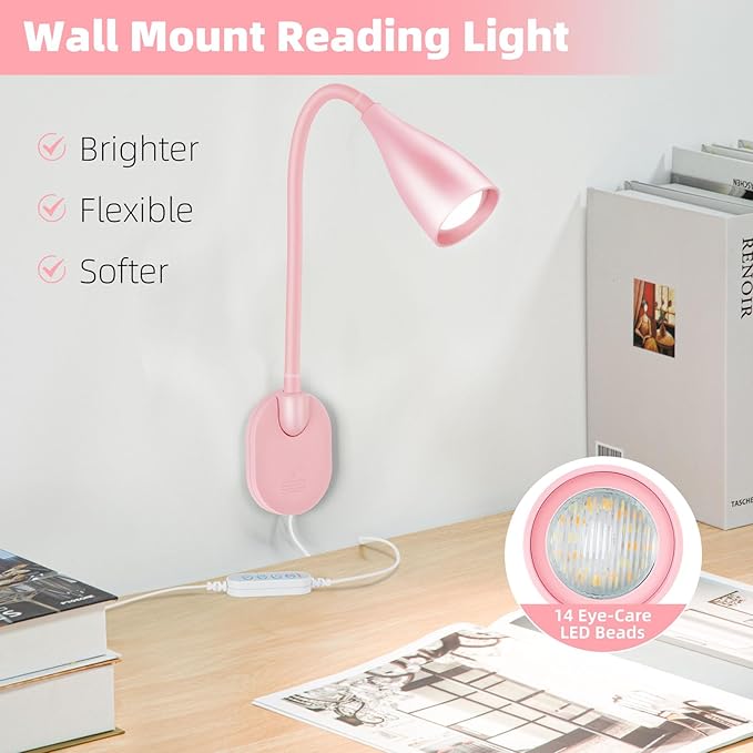 LED Wall Mounted Bedside Reading Light, 3 Color Modes,10 Brightness Dimmable, USB Charging Port, Adhesive Wall Lamp Night Light for Books in Bed, Flexible Neck Eye-Caring Bedroom Lighting Pink