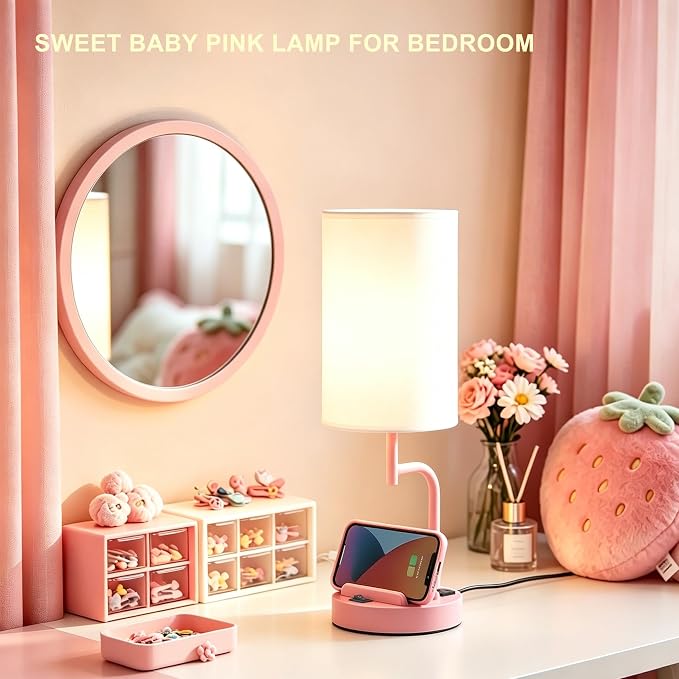 Dreamholder 2 Pack Table Lamp, Bedside Lamp with 3 USB Charging Ports & AC Outlet, USB Desk Lamp with 2 Phone Holders, Linen Fabric Shade Nightstand Lamps for Bedroom Living Room Office, Baby Pink