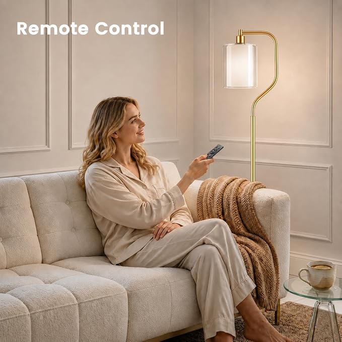 Dimmable Gold Floor Lamp with Double Glass Shade | Modern Floor Lamp with Remote & Foot Switch, 3 Color Temperatures, 9W Bulb, Corner lamp for Home Decor, Living Room, Bedroom