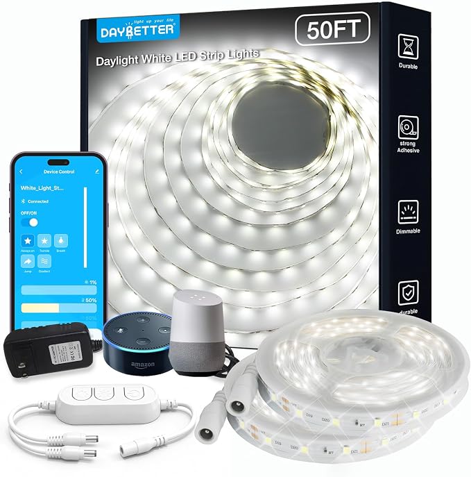 DAYBETTER Smart WiFi White LED Strip Light 50 ft, Dimmable Bright Rope Lighting Compatible with Alexa and Google Assistant, 6500K, 720 LEDs Tape Lights for Bedroom, Kitchen, Home Decoration(2 Rolls)