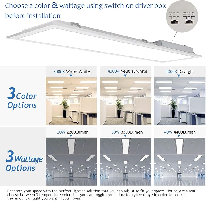 CycevSun 1x4 FT LED Flat Panel Light Drop Ceiling, 0-10V Dimmable, 4 Pack | 3 Color Selectable, 20W-30W-40W Selectable, 4400LM, Ultra-thin, 120-277V, ETL Listed, FCC, Shop, Commercial