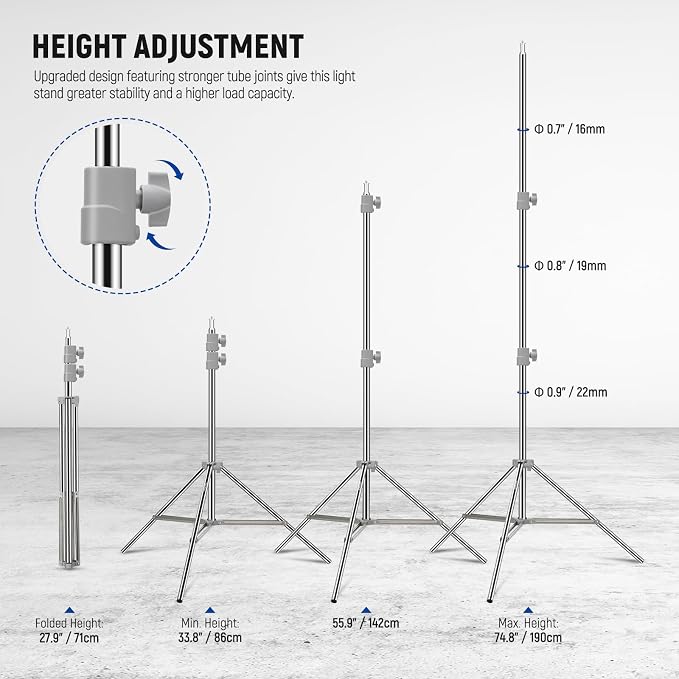 NEEWER Upgraded 75"/190cm Light Stand Stainless Steel Spring Loaded, Foldable Photography Tripod Stand with Stronger Tube Joints for Strobe Softbox LED Ring Light, Max Load 13.5lb/6.5kg, ST-190SS | Foldable, Photography Tripod Stand, Stronger Tube Join...