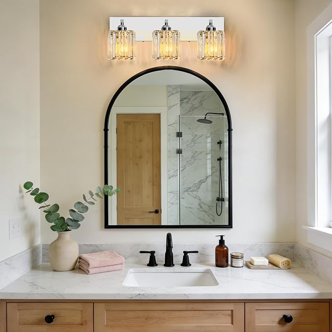 Brushed Chrome Crystal Bathroom Vanity Light, 3-Light Modern Bathroom Lighting Fixtures Over Mirror,Chrome Wall Sconce Light Fixtures with Square Shade
