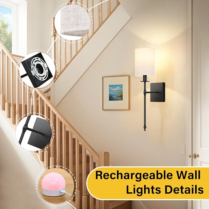 19 inch Battery Operated Wall Sconces Set of 2 with Remote, Rechargeable Wireless Wall Lights with Beige Fabric Shade, Indoor Not Hardwired Dimmable for Bedroom Living Room Decor