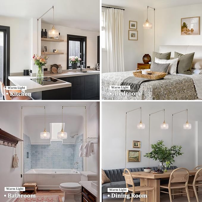 Plug in Pendant Light Hanging Light Fixtures with Plugin Cord On/Off Switch,Clear Striped Glass Lampshade Brass Pendant Light