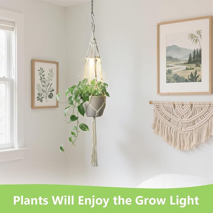 2 Pack Macrame Plant Hanger with Grow Light for Indoor Plants | 10 Brightness, 3 Light Modes, 3/9/12H Timer, Fits 5-9 in Pots, Cotton Rope, Boho Decor, Pots Not Included