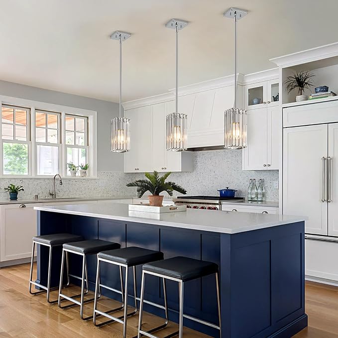 Modern Crystal Pendant Lights Kitchen Island, 1-Light Chrome Hanging Light with Clear Crystal Shade, Adjustable Height Pendant Lighting for Kitchen Island Dining Room Bedroom Bar Entryway