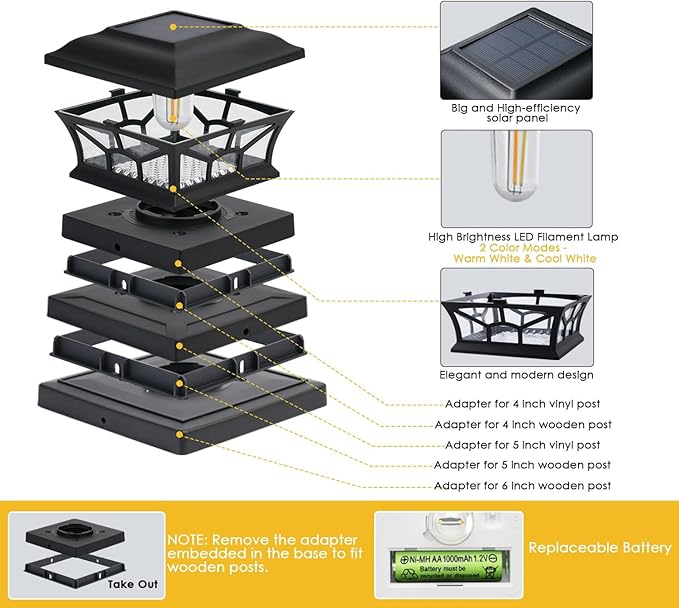 4 Pack Solar Post Cap Lights Outdoor Waterproof, Fits 4x4, 5x5, 6x6 Wooden & Vinyl Fence Decks, Edison LED Bulb with Warm & Cool White Light Modes.(Classic Black,4)