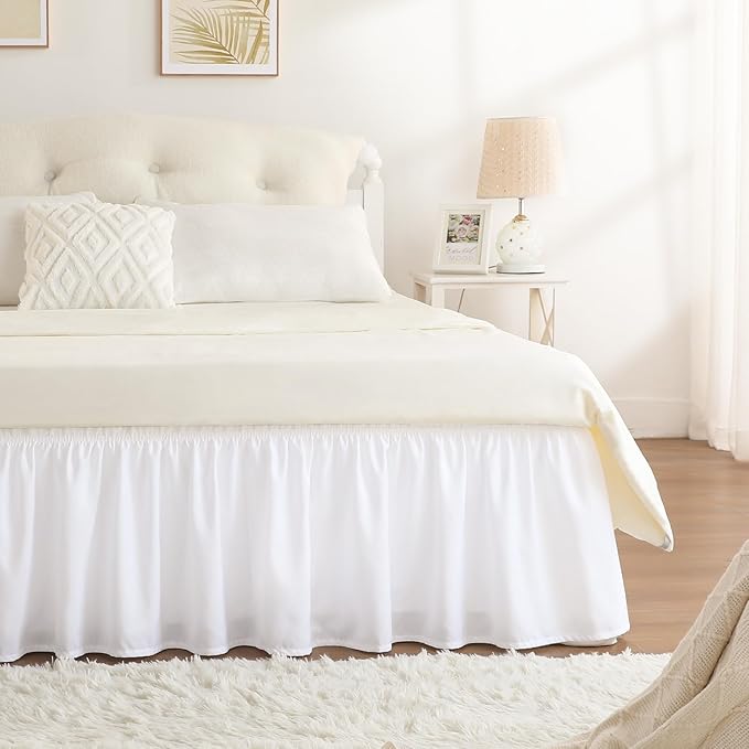 RIMELA White Bed Skirt Twin Size 15 Inch Drop, Elastic Bed Skirting for Adjustable Bed Base & Frame, Bedding Dust Ruffle Easy to Install, Lightweight Wrap Around Bedskirt