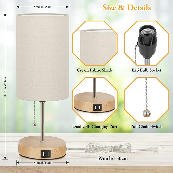 Set of 2 Table Lamps with 2 USB Ports, Modern Bedside, Desk Lamps with Pull Chain, Nightstand Lamps with Cream Fabric Shade and Oak Metal Base for Living Room Bedroom Office Reading Dorm Hotel