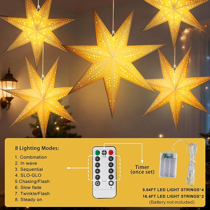 Large Paper Star Lanterns with Lights, 3D Hollow Out Christmas Paper Lanterns, 6Pcs Foldable Decorative Christmas Hanging Decorations for Xmas Wedding New Year Party Home Decor Indoor