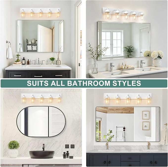 IZORRO Bathroom Vanity Light Fixture, 5-Light 36 Inch White Bathroom Light Fixtures Over Mirror, with Clear Glass Shade, Modern Farmhouse Vanity Lights, Rustic Restroom Lighting Fixtures