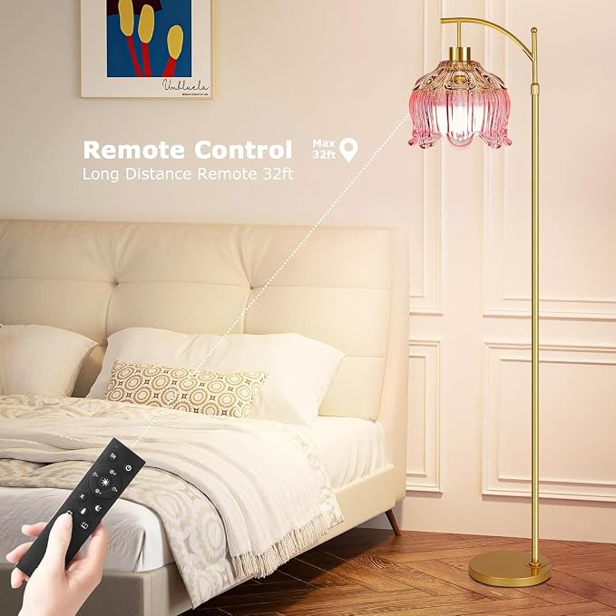 ILLMTW Pink Floor Lamp for Living Room,Bedroom,Glass Mid Century Modern Standing Lamp with Remote,Dimmable Gold Brass Tall Lamp Tulip Flower Arc Floor Light Boho Bohemian