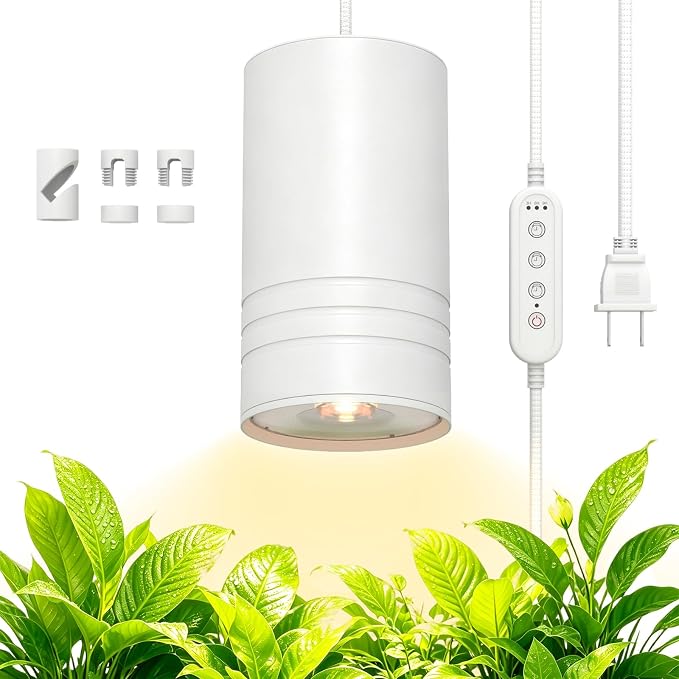 Hanging Grow Lights for Indoor Plants Full Spectrum, COB Pendant Spotlight Plant Grow Light for Large Tall Plant, Garden, Herb, Seed, with Timer and 15ft Braided Cord, 40W 3000K, Full Aluminum White