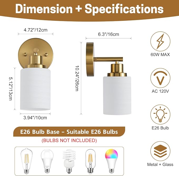 2-Pack, 1-Light Vanity Lights, Brushed Gold Bathroom Light Fixture with Textured Milky White Glass Shade, E26 Modern Vanity Lighting Fixture for Bathroom Wall Sconce