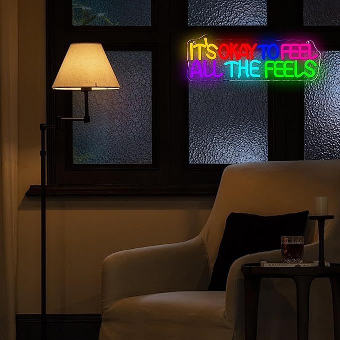 It's Okay To Feel All The Feels Neon Sign LED Wall Sign for Classroom Decor, Dimmable USB Powered Therapy Room Art Bedroom Classroom Backdrop Sign Gift for Teacher 15.7x5.5 Inch