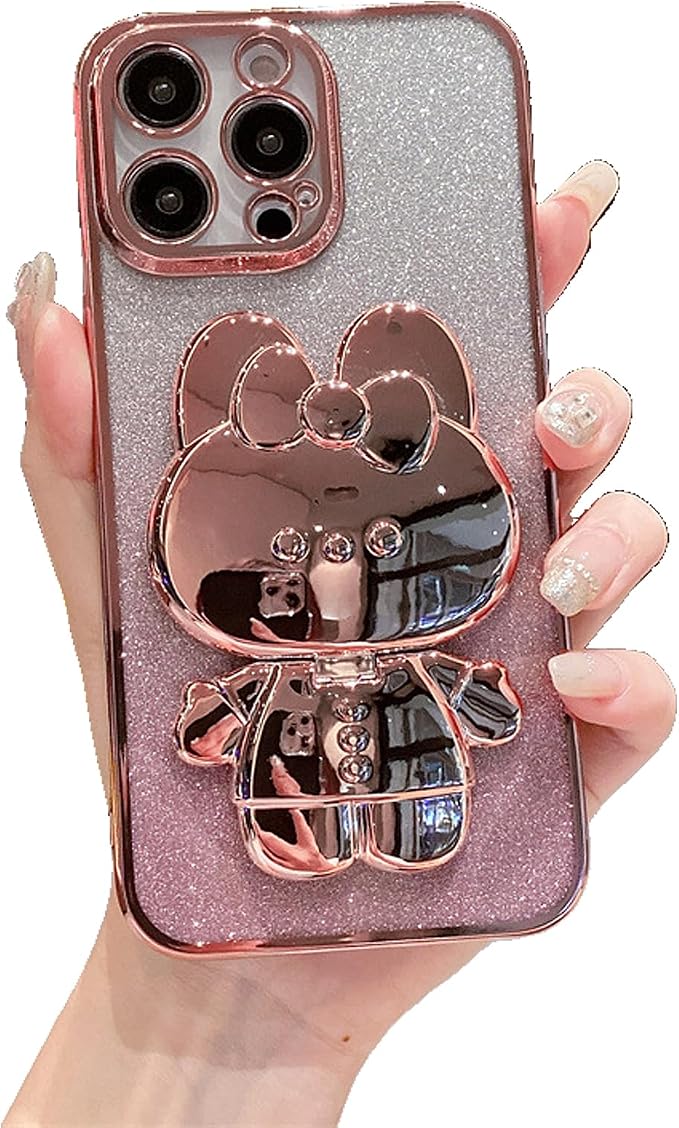 Kawaii Phone Case for iPhone 13 Promax with Cartoon Foldable Makeup Mirror Silicone Protective Case Cover for Women & Girl Pink