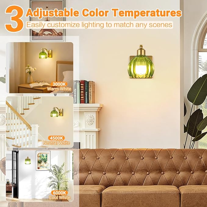 Rechargeable Battery Operated Wall Sconce Set of 2, Wireless Battery Powered Gold Wall Lamps with Green Tulip Glass, Vintage Dimmable Wall Lights with Remote Control for Bedroom Living Room