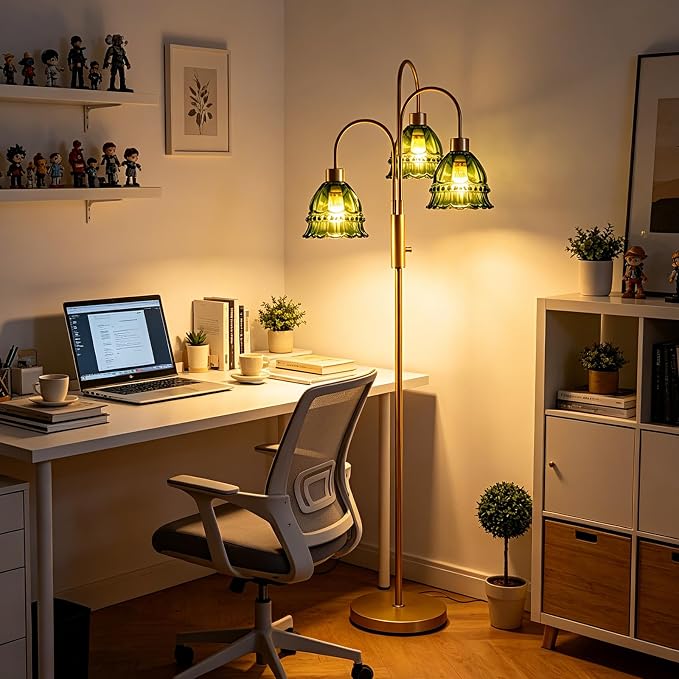 3-Light Glass Floor Lamp with Green Ribbed Glass Shades, 70" Gold Dimmable Tall Standing Lamp with 3PCS 3000K Warm White Bulbs, Modern Tree Pole Lamp for Living Room Bedroom Home Office Corner Decor