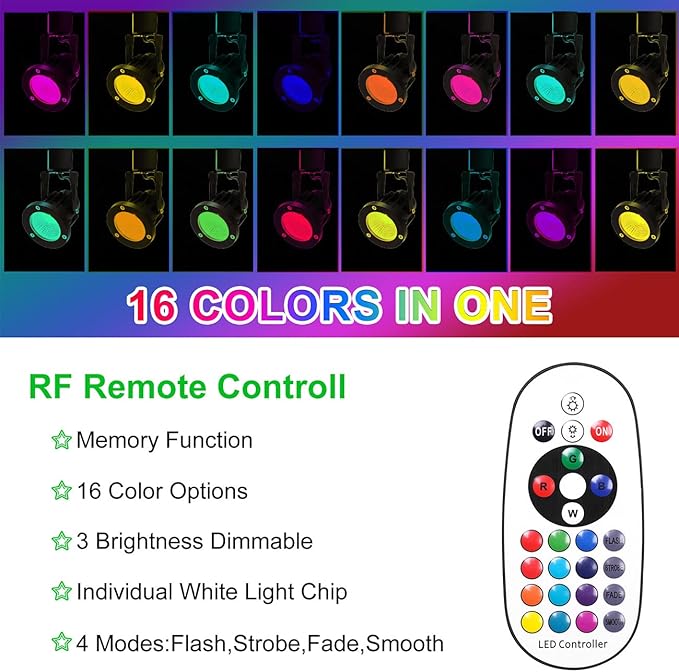 15W RGB LED Track Light Heads,Color Changing Track Lighting Head H Type RGBW Accent,Party,Game Room,16 Color Ceiling Track Light Fixture Halo 8 Pack (Black)