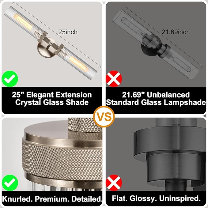LaLuLa Brushed Nickel Vanity Lights – 2-Light Hardwired Bathroom Light Fixtures with Rippled Glass Shades and Textured Metal Body, Chrome Wall Sconces for Over Mirror or Hallway