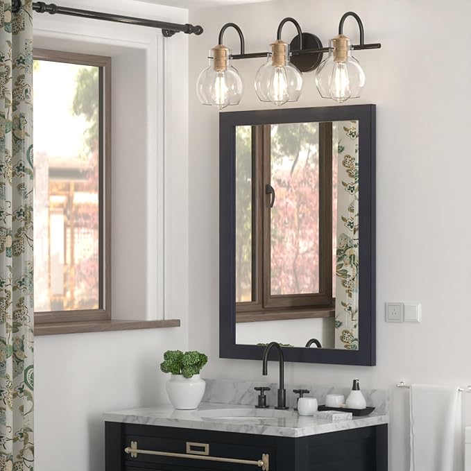 Bathroom Light Fixtures, Black and Copper 3 Light Bathroom Vanity Light, Modern Wall Sconce Black with Red Copper, Vanity Lights Over Mirror with Globe Glass Shade and Metal Base