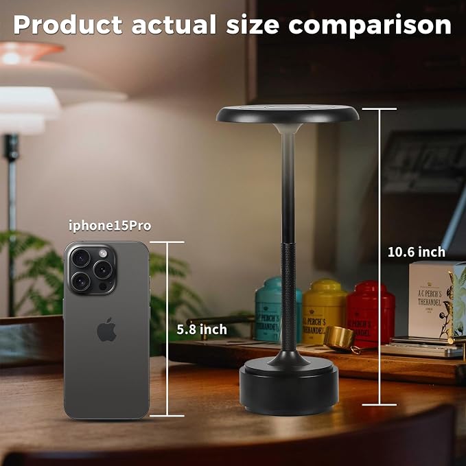 Cordless Rechargeable Modern Metal Table Lamp, Touch Dimming, 3-Color | Black 5200mAh Battery, Portable LED Desk Light, Touch Sensor, Suitable for Night Light/Restaurant/Night Stand/Coffee/Bar