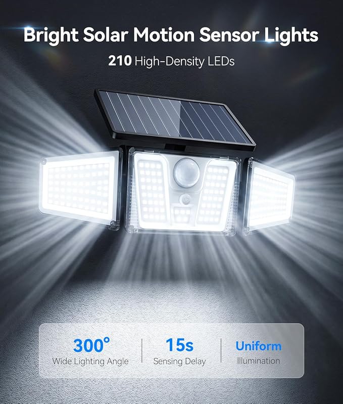 KOOPER 4 Pack Solar Flood Lights, 210 LED Motion Sensor Outdoor Lights, Solar Motion Lights Outdoor Waterproof, 3 Heads 300° Wide Angle Outdoor Security Lights for Yard Patio Garage Entryways, Black