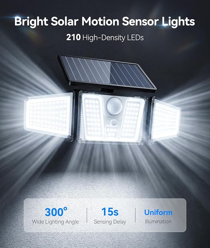KOOPER Solar Flood Lights, 210 LED Motion Sensor Outdoor Lights, Solar Motion Lights Outdoor Waterproof, 3 Heads 300° Wide Angle Outdoor Security Lights for Yard Patio Garage Entryways, 2 Pack, Black