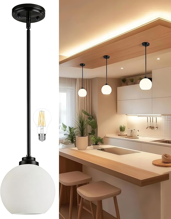Majade 7.4" Globe Pendant Lights Mid Century Modern Kitchen Island Pendant Light Fixtures Black Brass Pendant Lighting with Milk Glass Adjustable Hanging Light Fixtures for Dining Room Living Room