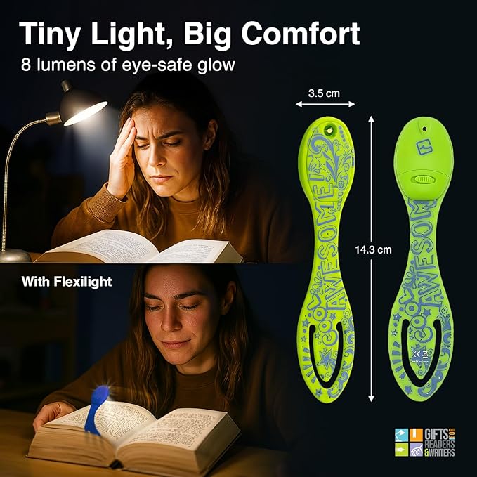 Gifts for Readers & Writers Book Light, Clip On Reading Light for Bed, 2in1 Flexilight & Bookmark, Small & Lightweight with a Soft Glow, 2 Batteries Included, Awesome