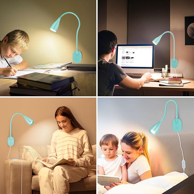 LED Wall Mounted Bedside Reading Light, 3 Color Modes,10 Brightness Dimmable, USB Charging Port, Adhesive Wall Lamp Night Light for Books in Bed, Flexible Neck Eye-Caring Bedroom Lighting Teal