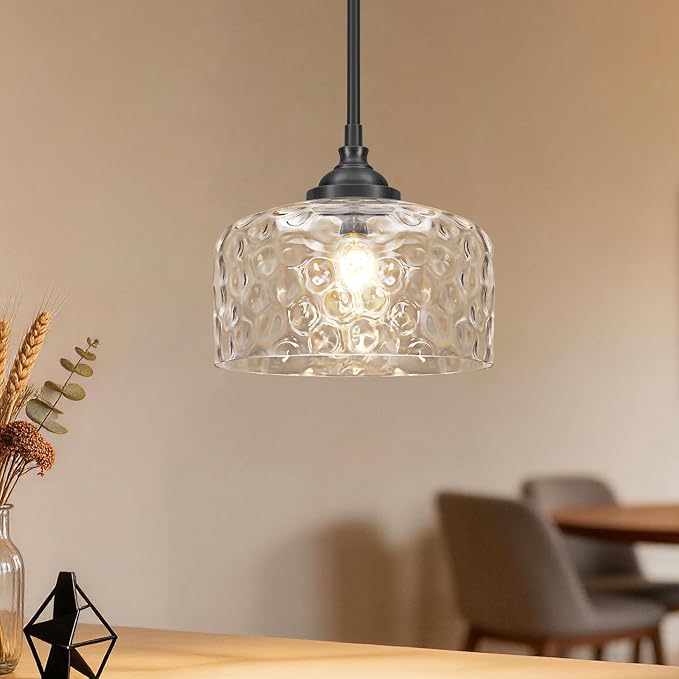 Daunton Black Pendant Light Fixtures, Pendant Lights Kitchen Island with Hammered Glass Shade for Modern Kitchen Island, Adjustable Hanging Ceiling Pendant Light for Dining Room Kitchen Sink Bathroom