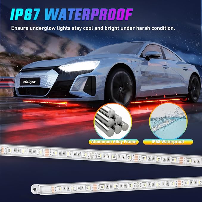 Nilight 4PCS Aluminum RGBW LED Underglow Strip Lights with APP & Remote | 396 LEDs Door Assist Multi Color DIY Sound Active Function Music Mode Underbody Light Strips for Car Truck RV