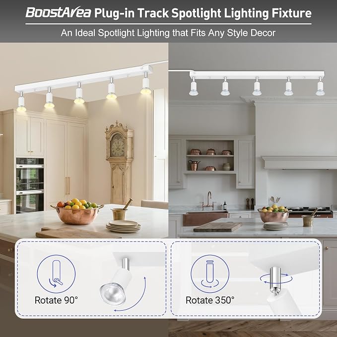 Plug in Track Light,30"Track Ceiling Lighting Fixtures,White 5 Way GU10 Wall Spotlight, Rotatable Track Head,LED Wall Light for Kitchen Cabinet Gallery Bar Hallway Living Room,Rocker Switch,15 FT Cord