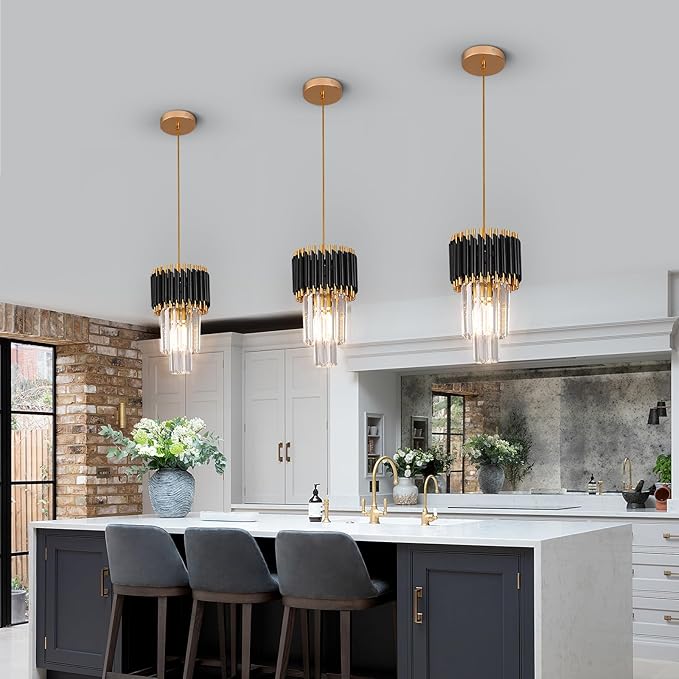 Crystal Chandelier Gold Pendant Light Fixtures Modern Crystal Pendant Light for Kitchen Island D7.5'' Black and Gold Chandelier for Dining Room Bedroom Living Room Hanging Light with a Bulb