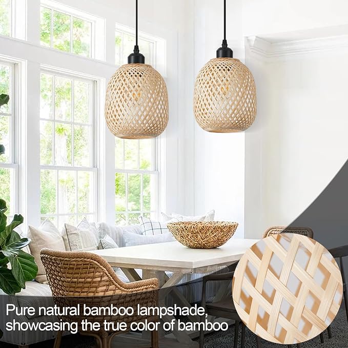 Hanging Light Fixture Set of 2, Mid Century Bohemian Rattan Bamboo Pendant Lighting,Torus Basket Woven Ceiling Chandelier for Kitchen Island Dinning Room Living Room Bedroom Nightstand
