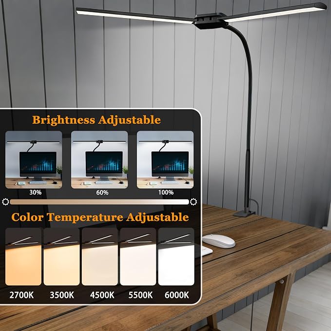 LED Desk Lamp for Home Office, Double Head Computer Monitor Light with Clamp, 5 Color Modes and 3 Brightness Levels, Long Flexible Goose-Neck, USB Eye-Caring Clip on Lights for Reading, Black