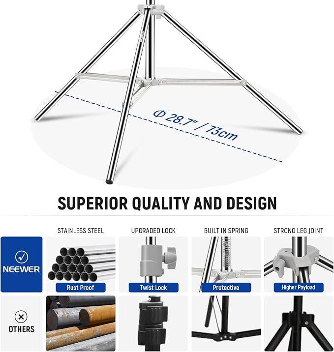 NEEWER Upgraded 75"/190cm Light Stand Stainless Steel Spring Loaded, Foldable Photography Tripod Stand with Stronger Tube Joints for Strobe Softbox LED Ring Light, Max Load 13.5lb/6.5kg, ST-190SS | Foldable, Photography Tripod Stand, Stronger Tube Join...
