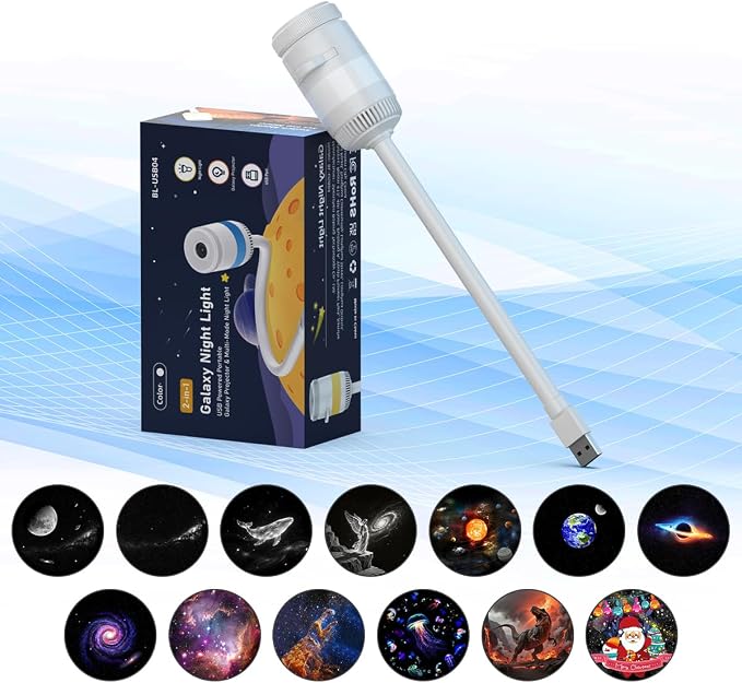 Galaxy Projector Night Light with 13 Films, 5 Colors, 360° Rotation | 2-in-1 galaxy projector with 13 films, 5-color night light, adjustable brightness and 360° rotation for bedrooms.