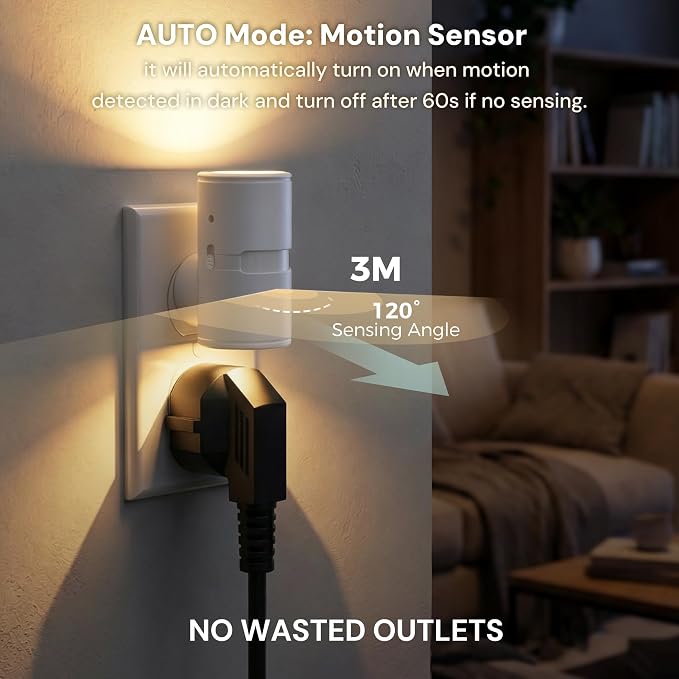 L LOHAS LED Motion Sensor Night Light, Motion Sensor Light Indoor, Rotating | Motion Activated Night Lights Plug into Wall,Amber-3000K-5000K,10-50-100%LM, Mini,Hallway Bathroom Travel[White Shade,4 Pack]