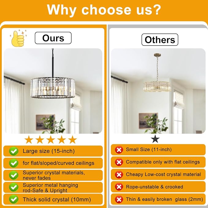15" Modern Crystal Chandelier for Dining Room, No Assembly Required 4-Light Black Dining Room Light Fixture Over Table, Hanging Pendant Lights Fixture for Kitchen Island Living Room Foyer Entryway