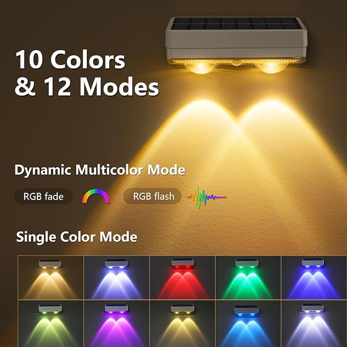 VOLISUN Solar Fence Lights Outdoor 16 Pack, 50Lumen RGB Color Changing | 2 LED Downlight, IP65 Waterproof, 10 Colors ＆ 12 Modes, Fence Lights Solar Powered for Backyard, Deck, Patio, Railing