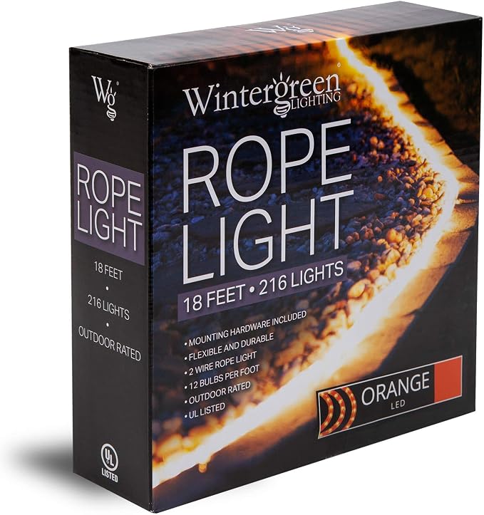 Wintergreen Lighting 18' LED Orange Rope Light, Halloween Light Rope String Light Outdoor – Bedroom LED Light Rope, 120V, ½ Inch, 2-Wire – Rope Light Clips and Power Cord Included