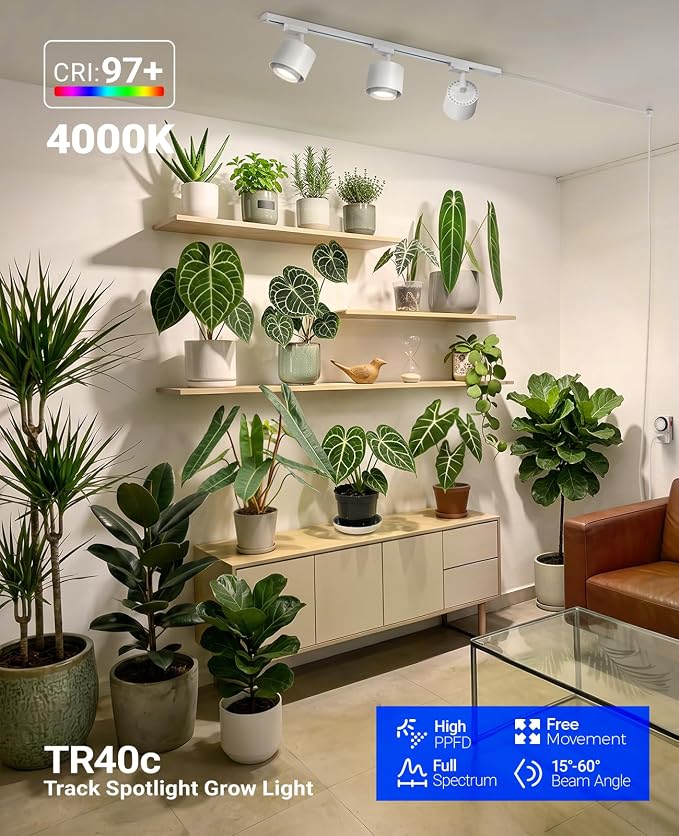 Barrina TR40C Track Grow Light, 3 x 40W, 4000K, H-Type Track, White Cover | Full Spectrum LED Wall Plant Lights, 15°-60° Adjustable Beam Angle, Ceiling Mounted Grow Bulbs with Timer and Power Cord
